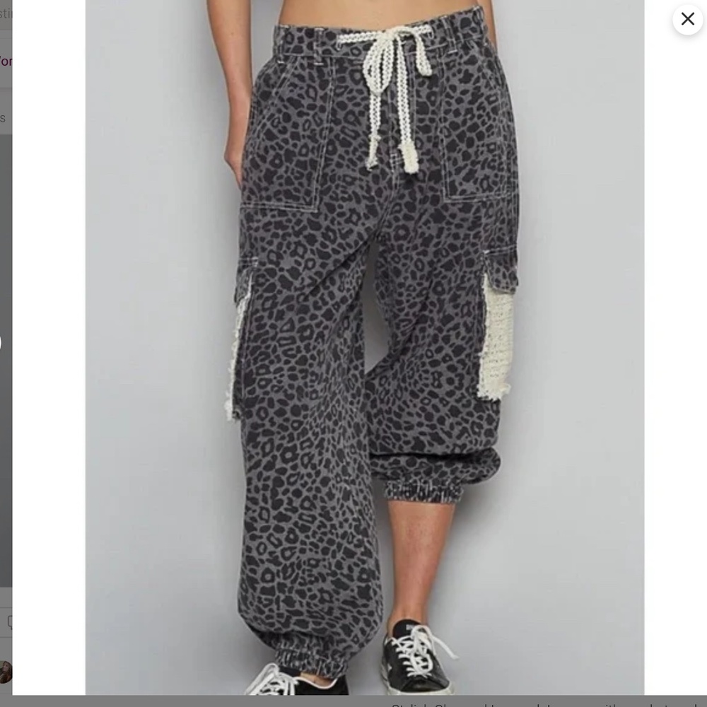 POL Gray Leopard Print Jogger Track Pants with Cream Rope Drawstring